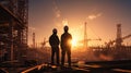 Silhouette of Engineer and worker on building site, construction site at sunset in evening time Royalty Free Stock Photo