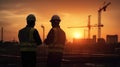 Silhouette of Engineer and worker checking project at building site background, construction site at sunset in evening time Royalty Free Stock Photo