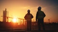 Silhouette of Engineer and worker checking project at building site background, construction site at sunset in evening time Royalty Free Stock Photo