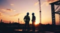 Silhouette of Engineer and worker checking project at building site background, construction site at sunset in evening time Royalty Free Stock Photo