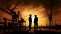 Silhouette of Engineer and worker at construction site and crane background . Heavy work underground. Generative Ai Royalty Free Stock Photo