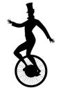 Silhouette of equilibrist dressed in the old fashion, wearing top hat, balancing on unicycle, isolated on white background