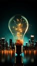 Silhouette executive grips innovative bulb, growth graph symbolizing business success