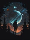 Silhouette of explorer on futuristic landscape background. Adventurer and planet, stars in universe for Space Day. Generative AI