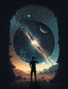 Silhouette of explorer on futuristic landscape background. Fantasy planet and stars in universe for Space Day. Generative AI