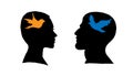 Silhouette of face of man with bird of prey inside his head. Silhouette of face of woman with songbird inside her head.