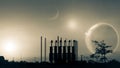 Silhouette of factory at sunset.Fantasy world.Image of earth planet. Elements of this image are furnished by NASA Royalty Free Stock Photo