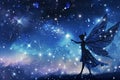 Silhouette of a fairy against a starry night sky. Royalty Free Stock Photo