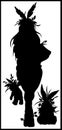 Silhouette of fairytale rabbit girl with loose hair and ears like leaves, long legs and wide hips, holding a stuffed toy in her ha