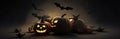 fear bat blue silhouette halloween pumpkin table horror mystery night background. Generative AI. Royalty Free Stock Photo