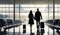 silhouette of a family at the airport on departure for vacation