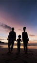 Silhouette, family at beach and holding hands at sunset, bonding or outdoor on mockup space. Shadow, sea and father, kid Royalty Free Stock Photo