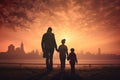 Silhouette of a family with a child in the city at sunset, A family of immigrants looking at the Statue of Liberty, AI Generated