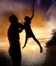 Silhouette family of child hold on father hand