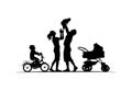 Silhouette of family with cradle baby-carriage and kid on bike