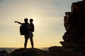 Silhouette family enjoy sunset and sea Royalty Free Stock Photo