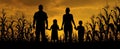The silhouette of a family enjoying a sunset in a cornfield. AI generated image Royalty Free Stock Photo