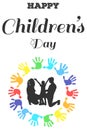 Silhouette of the family - father, mother and boy inside a circle of hand prints with a lettering Happy Children`s Day. A template Royalty Free Stock Photo