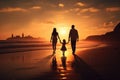 Silhouette of family holding hands and walking on the beach at sunset, Happy family on sandy beach near sea at sunset, AI Royalty Free Stock Photo