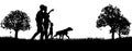 Silhouette Family People Walking Dog Park Outdoors Royalty Free Stock Photo