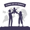 Silhouette family play with child. Happy Global Day of Parents. Earth map Background.