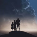 A silhouette of a family standing silently in the midst of a storm looking up towards the sky with deep Psychology