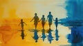 Silhouette of a family walking on the beach at sunset with reflections in water. Royalty Free Stock Photo