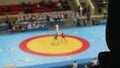 Silhouette of fan who watches duelling on sambo. The action is unfocused. Fan is unrecognizable.