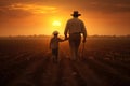 Silhouette of farmer and his son walking on the field at sunset, Agriculture happy father farmer carries son child, AI Generated