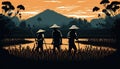 Silhouette farmers working on rice fields in rural landscape