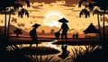 Silhouette farmers working on rice fields in rural landscape