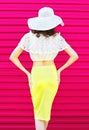 Silhouette fashion pretty woman in summer straw hat skirt over colorful pink Royalty Free Stock Photo