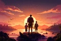 Silhouette of a father and children on a rock by the lake at sunset, Family dad and two sons are fishing at sunset, AI Generated Royalty Free Stock Photo