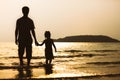 Silhouette of father and daughter holding hand and walking on beach