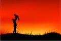 Silhouette of father have fun with his children, slide, tricycle and folding bike at park when sunset or sunrise Royalty Free Stock Photo
