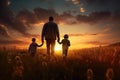 Sunset Walk: Father and Sons in Field