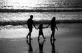 Silhouette of father, mother and child son holding hands and walking on beach. Sctive fanily lifestyle, parents with