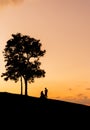 Silhouette of father mother and daughter playing at sunset in evening time, Happy family concept Royalty Free Stock Photo