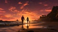 silhouette father, mother walking hand in hand along sandy beach at sunset. Their profiles outlined against colorful sky as share