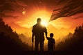 Silhouette of father and son with Australian flag on sunset background, silhouette of Father and son hold the flag of Malaysia, AI