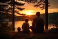 Silhouette of father and two sons sitting on the shore of the lake at sunset, Family dad and two sons are fishing at sunset, AI Royalty Free Stock Photo