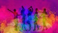 Silhouette of female dancer captured in multiple dynamic poses against backdrop of explosive multi-colored powder and dust,