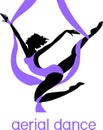Silhouette of female dancer on purple aerial silk Royalty Free Stock Photo