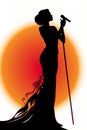 Silhouette of a female diva vocalist singing with a microphone