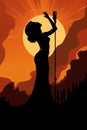 Silhouette of a female diva vocalist singing with a microphone