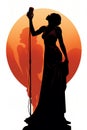 Silhouette of a female diva vocalist singing with a microphone