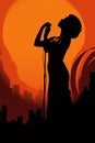 Silhouette of a female diva vocalist singing with a microphone