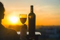 Silhouette of female hand toasting wine on sunset background. Royalty Free Stock Photo