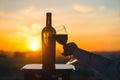 Silhouette of female hand toasting wine on sunset background.