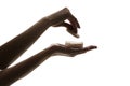 Silhouette of female hands holding face powder on white background Royalty Free Stock Photo